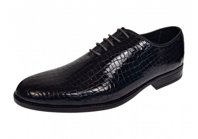 Pantofi barbati negri lac croco cu sireturi si finisaj lucios elegant